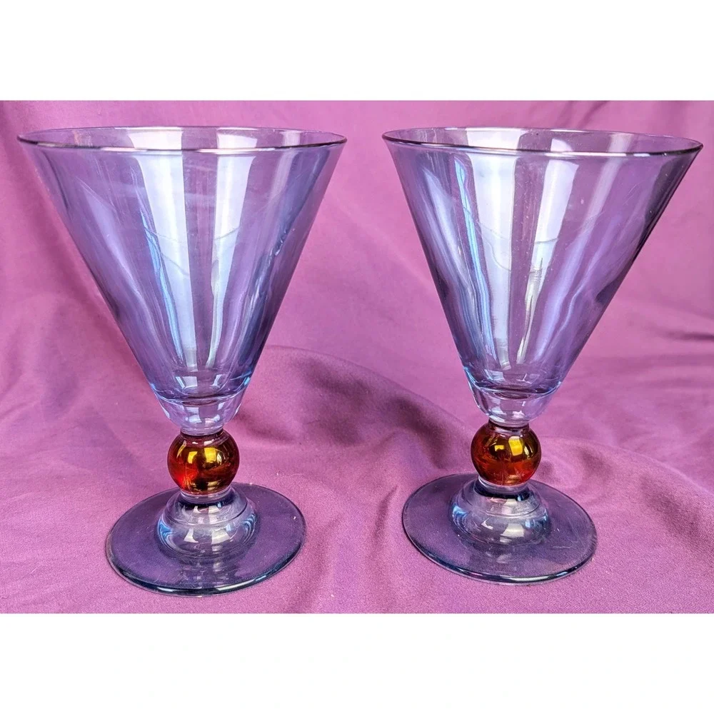 2 Vintage Italian Si-An Wine Cocktail Martini Glass - Blue/Amber Ball Stem 6